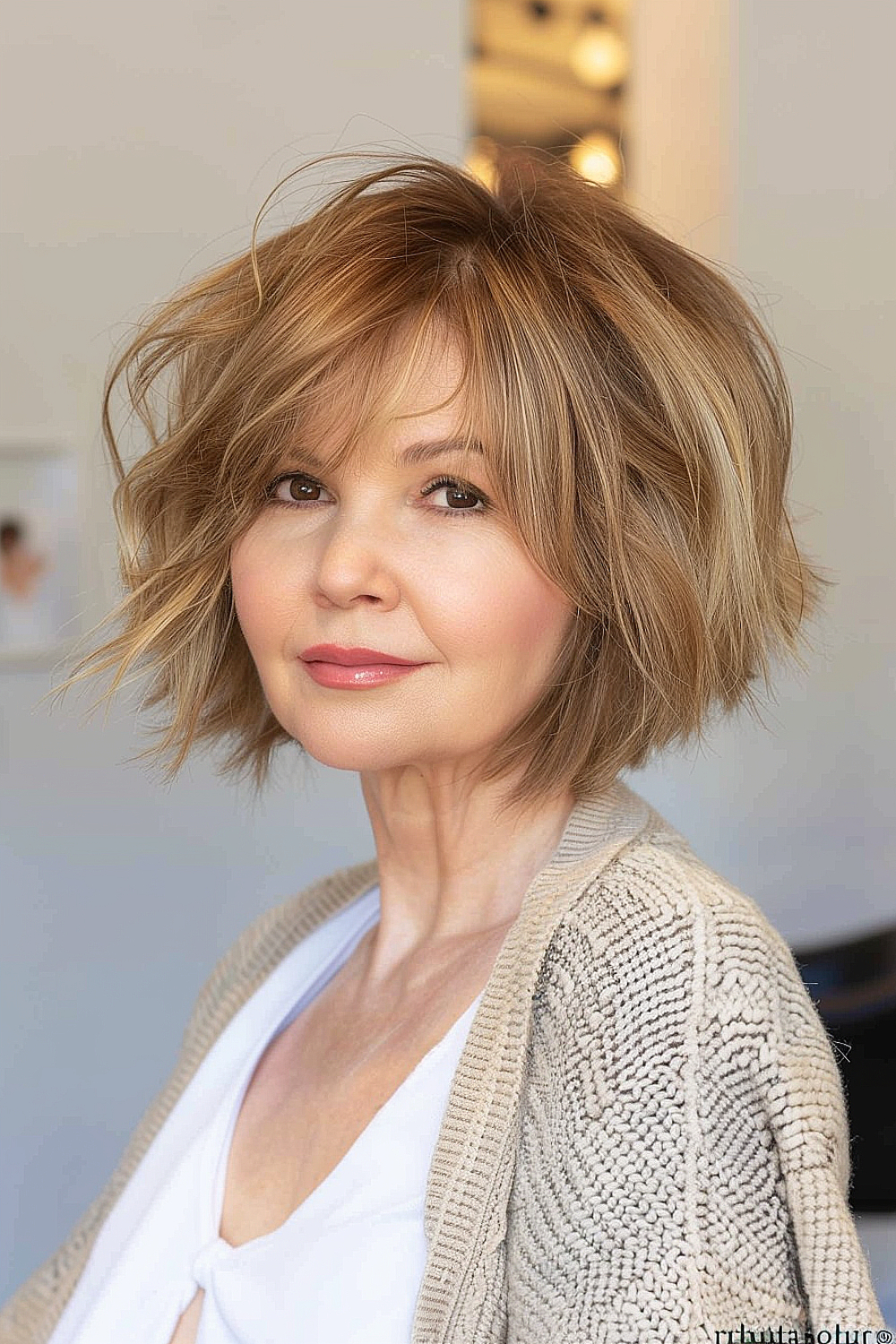 Woman with a voluminous shattered bob featuring honey-blonde tones and disconnected layers.