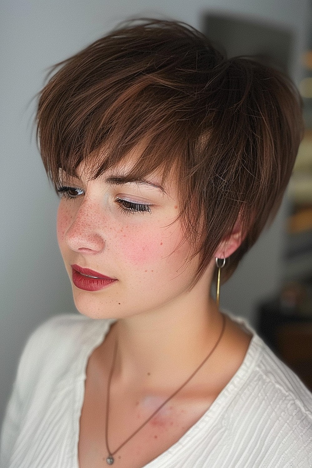 Short choppy haircut with side-swept bangs for fine hair