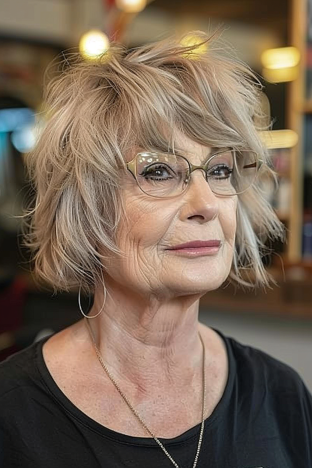 A woman with short choppy layers and a bold fringe in ash blonde