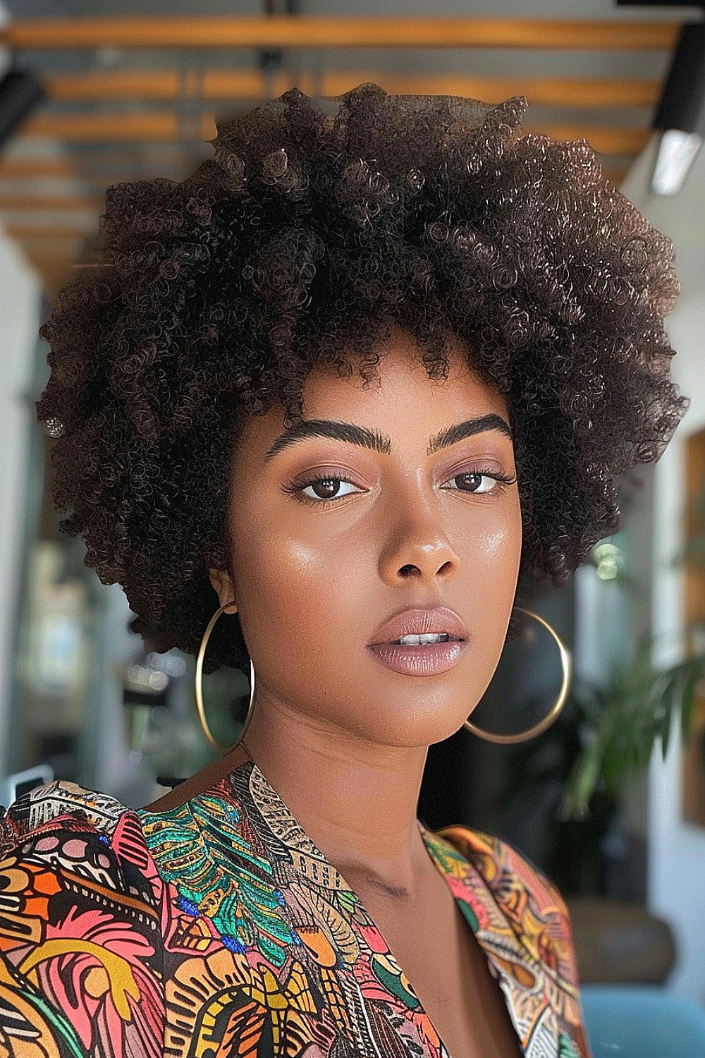 Woman with a short curly afro with defined curls