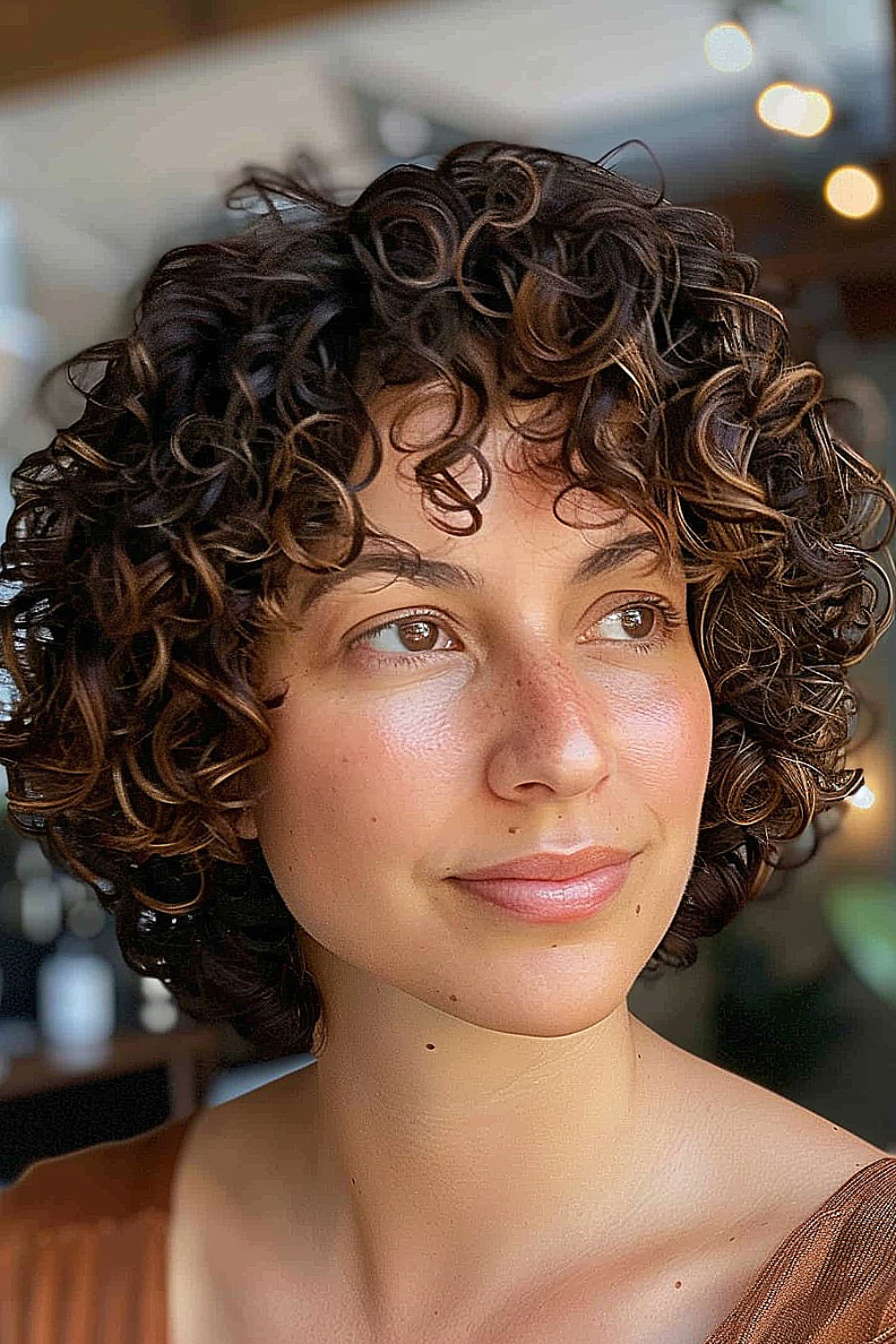 Woman with a short curly bob enhanced with lowlights