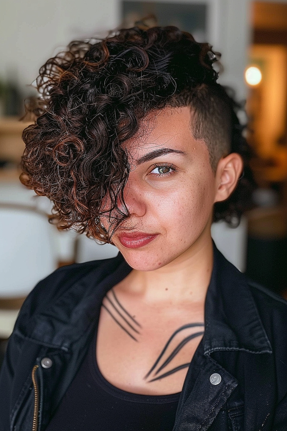 Woman with a short curly bob hairstyle and a shaved side