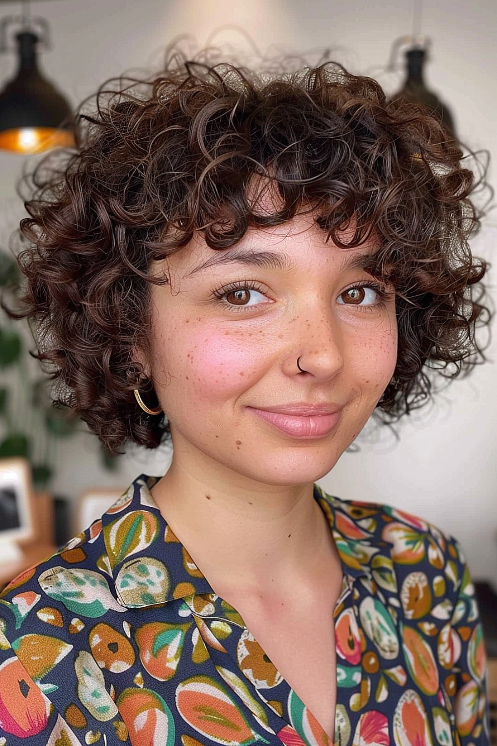 Woman with short curly crop and micro bangs