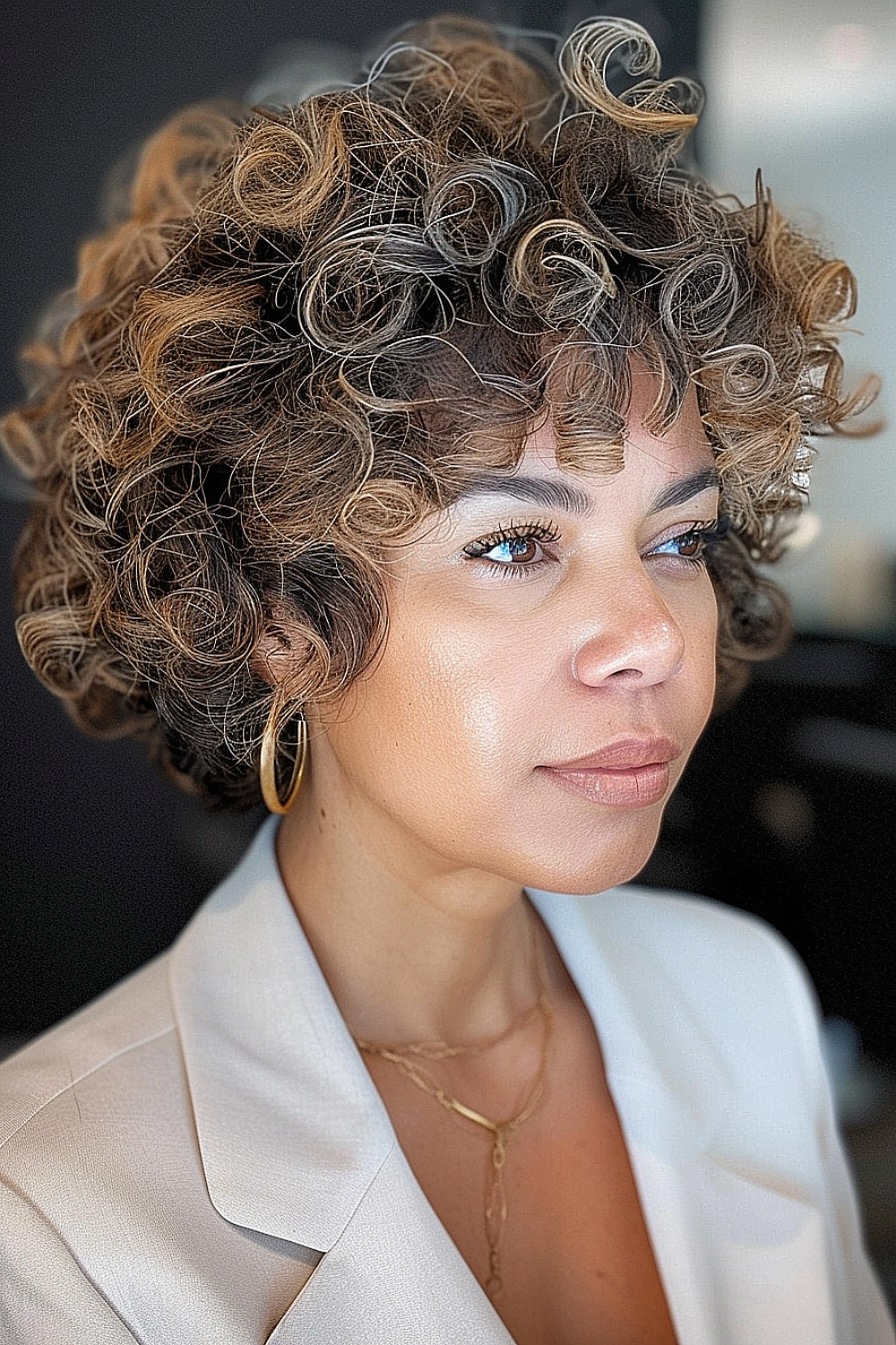 Short curly cut with dimensional highlights for women over 40