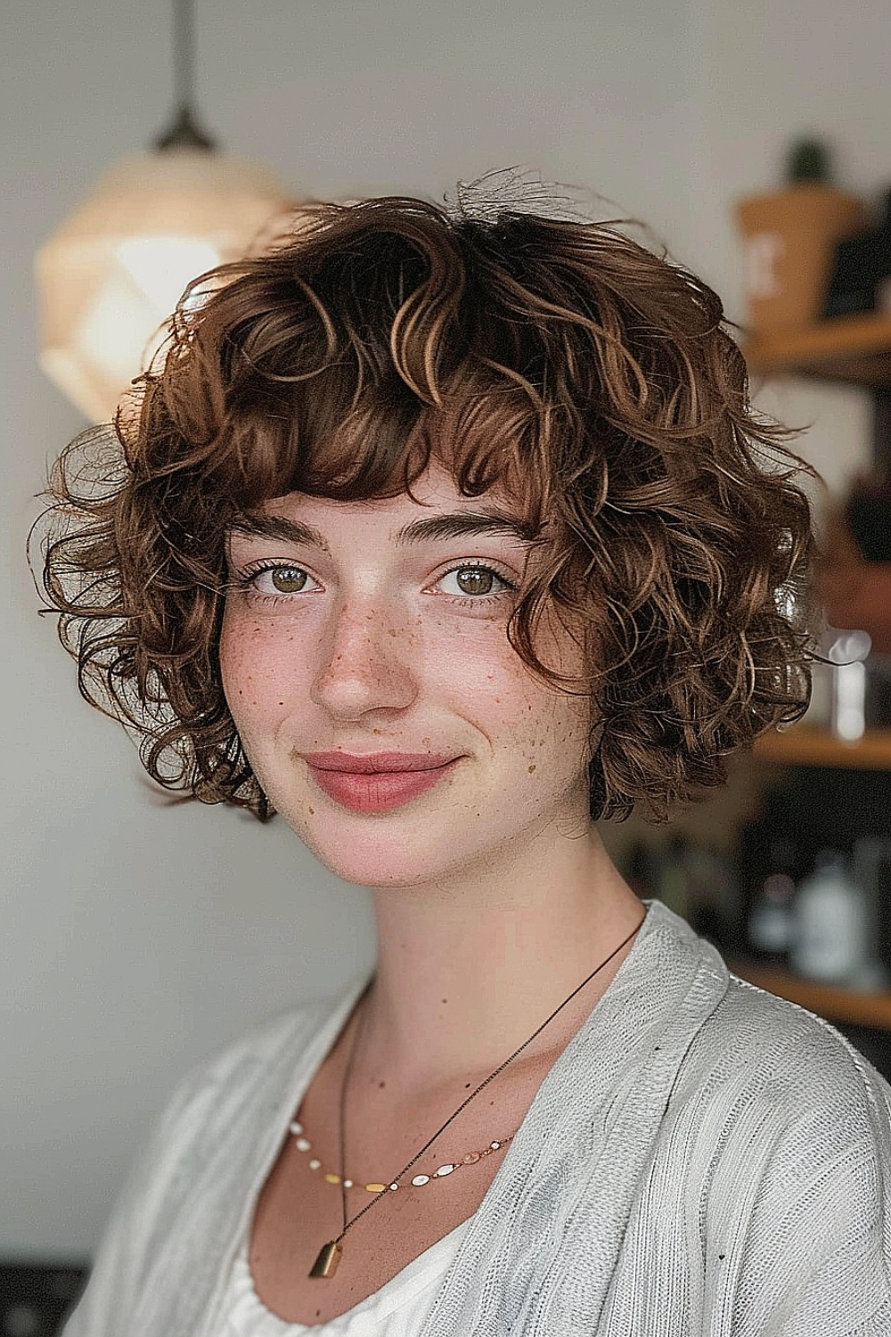 Woman with short curly hair and bangs