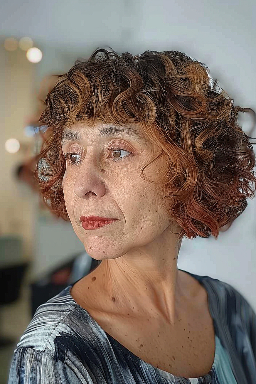 Short curly hair with micro bangs for edgy look