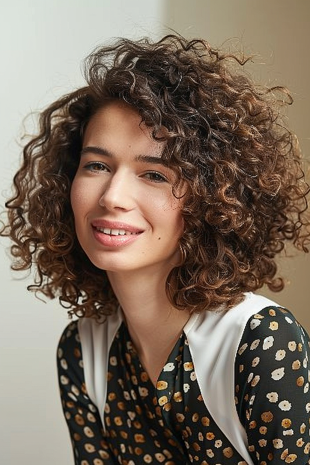 Woman with short curly hair styled with a side part