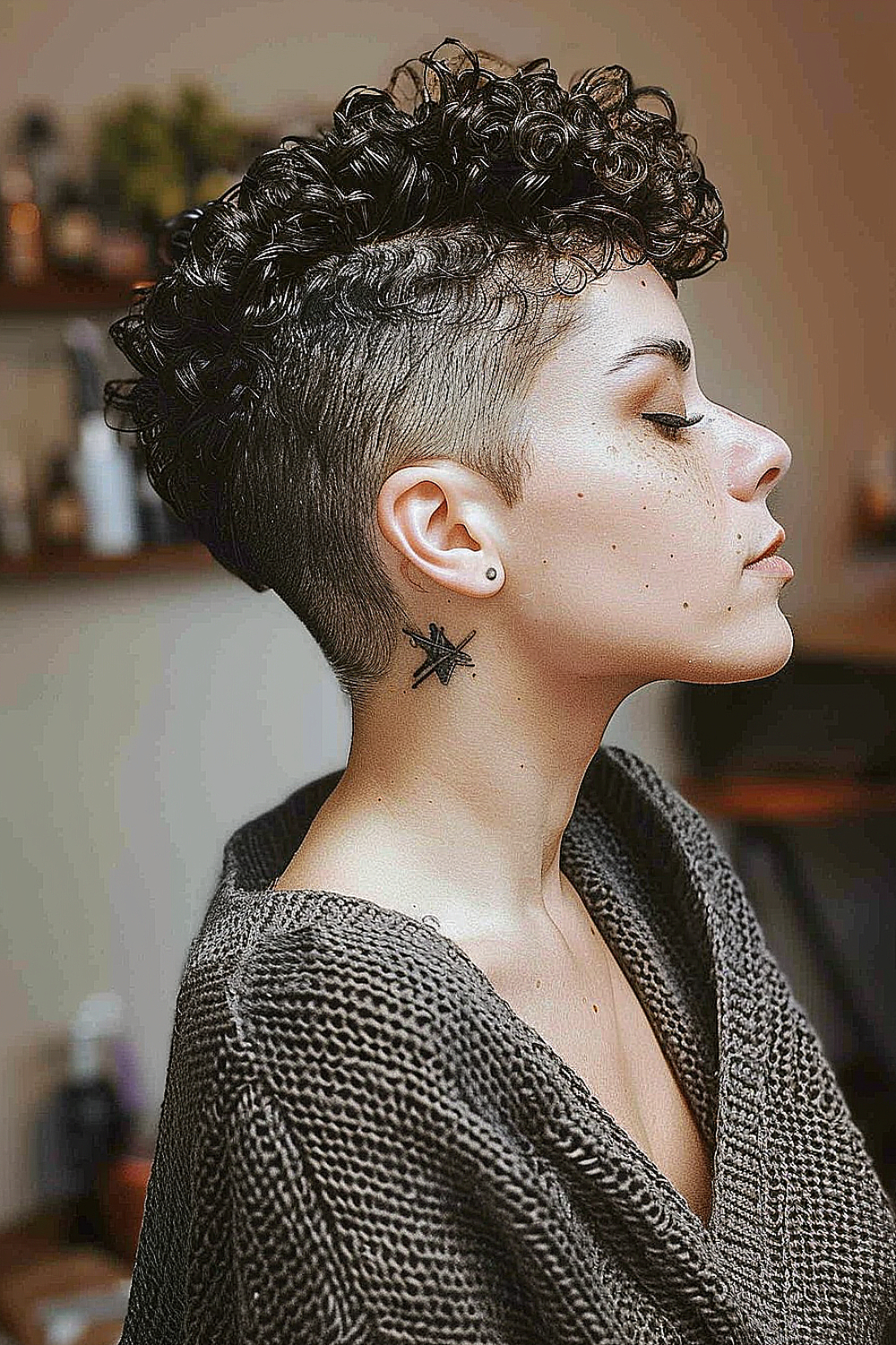 Woman with short curly hair featuring closely tapered sides