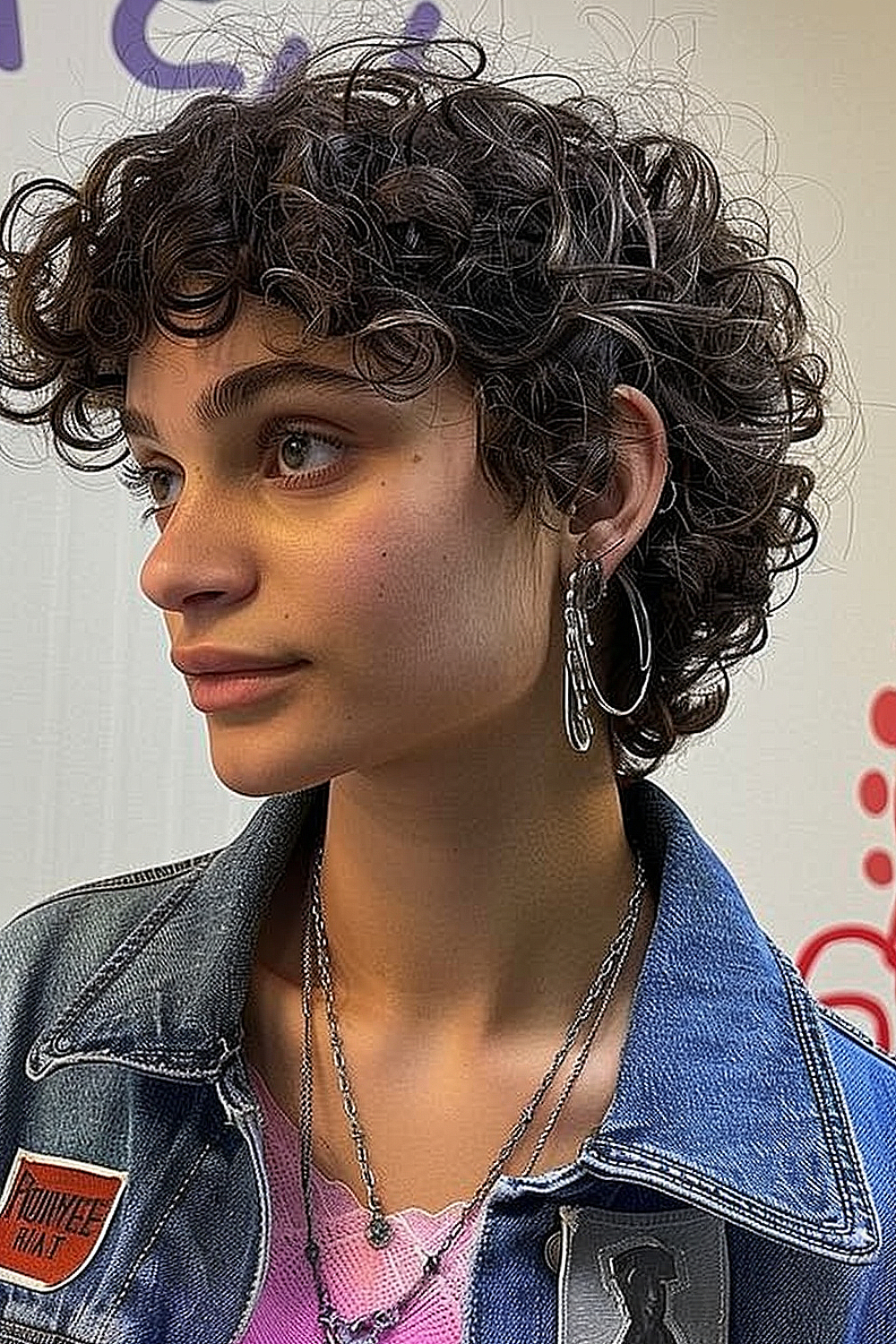 Woman with short curly mullet and fringe bangs