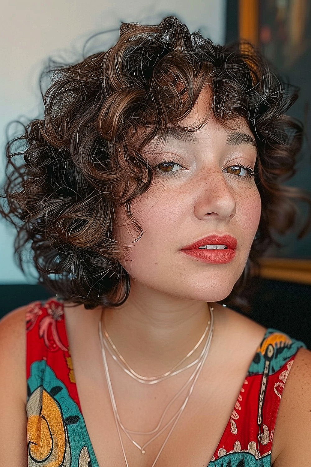 Woman with a short curly shag hairstyle