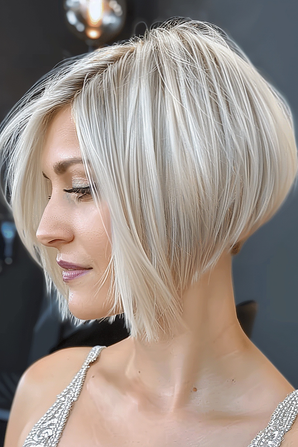 Short inverted bob with platinum blonde color