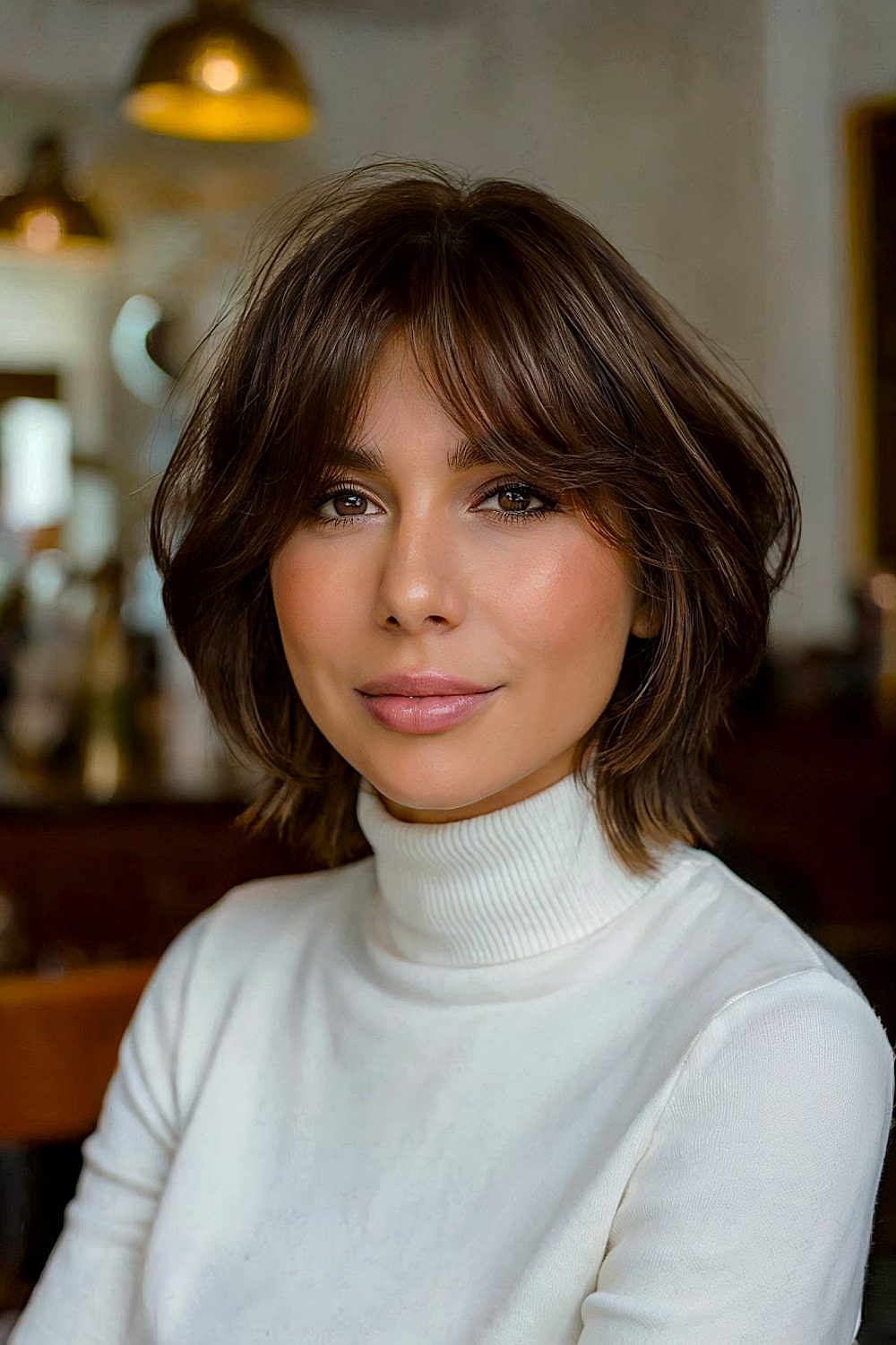 Short layered bob with curtain bangs