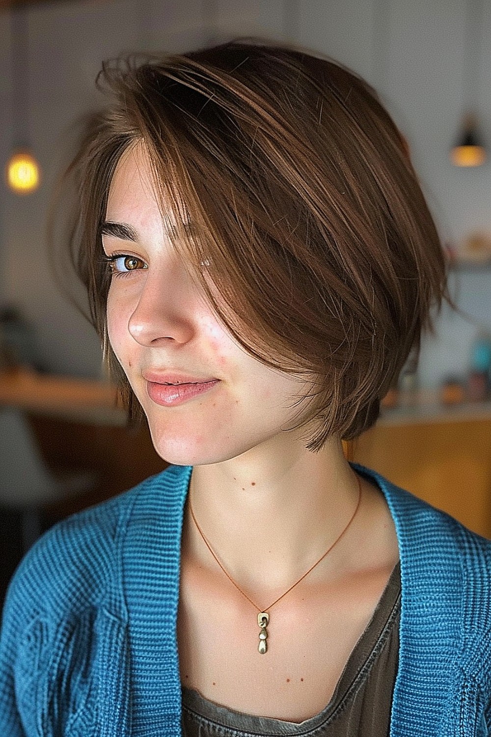 Short layered bob with side-swept bangs for fine hair