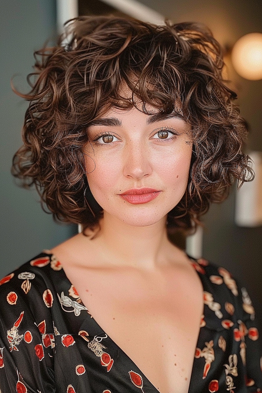 Woman with short layered curly shag haircut