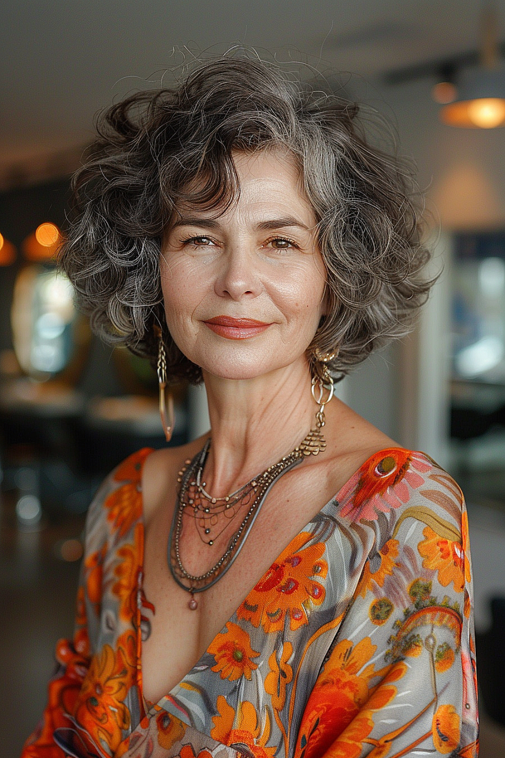 Woman with a short layered cut full of lively gray curls