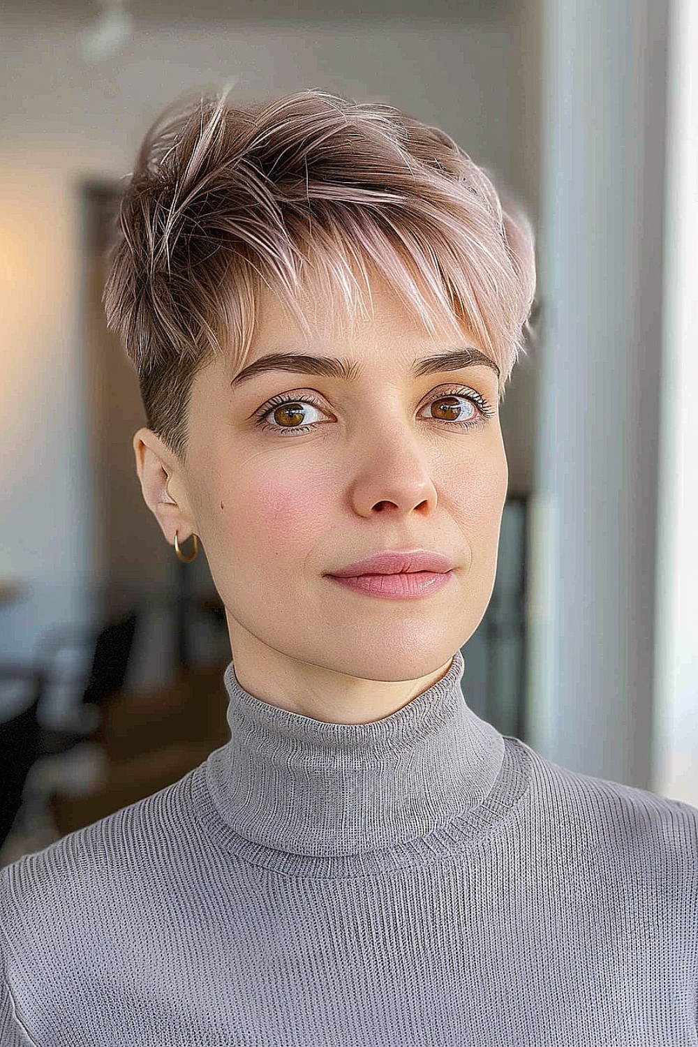 Short layered pixie cut with soft pink tones for fine hair