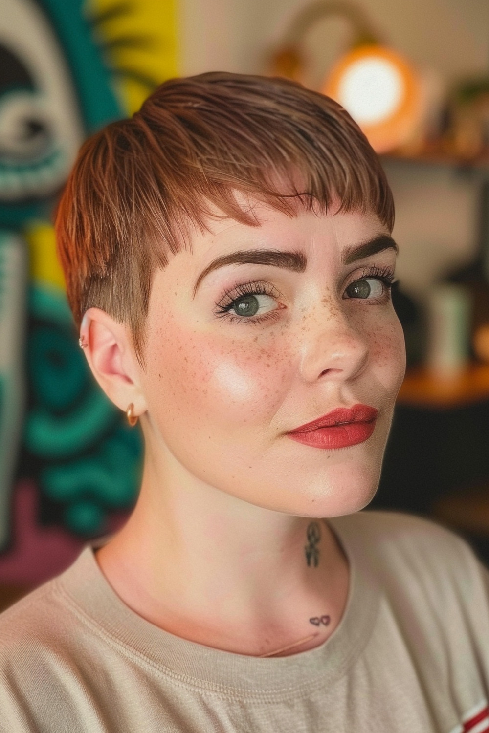 Short pixie haircut with blunt bangs