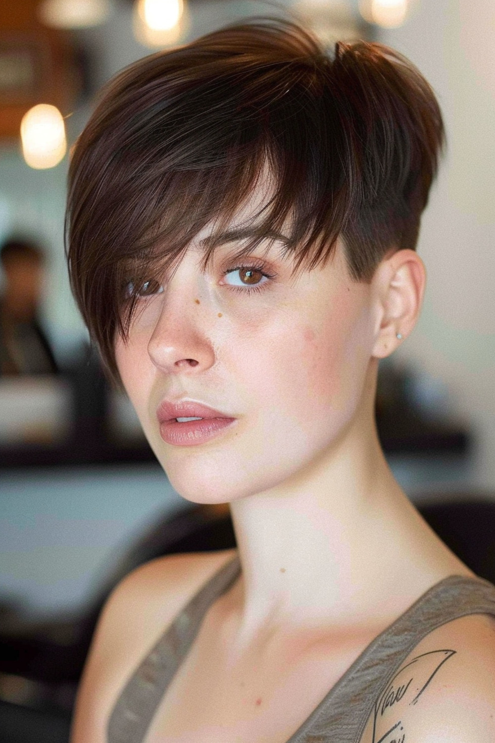 Short pixie haircut with long bangs