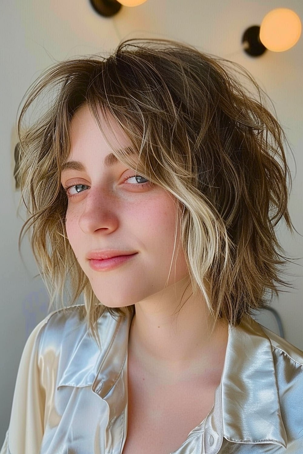 Woman with a short shag haircut and piecey bangs