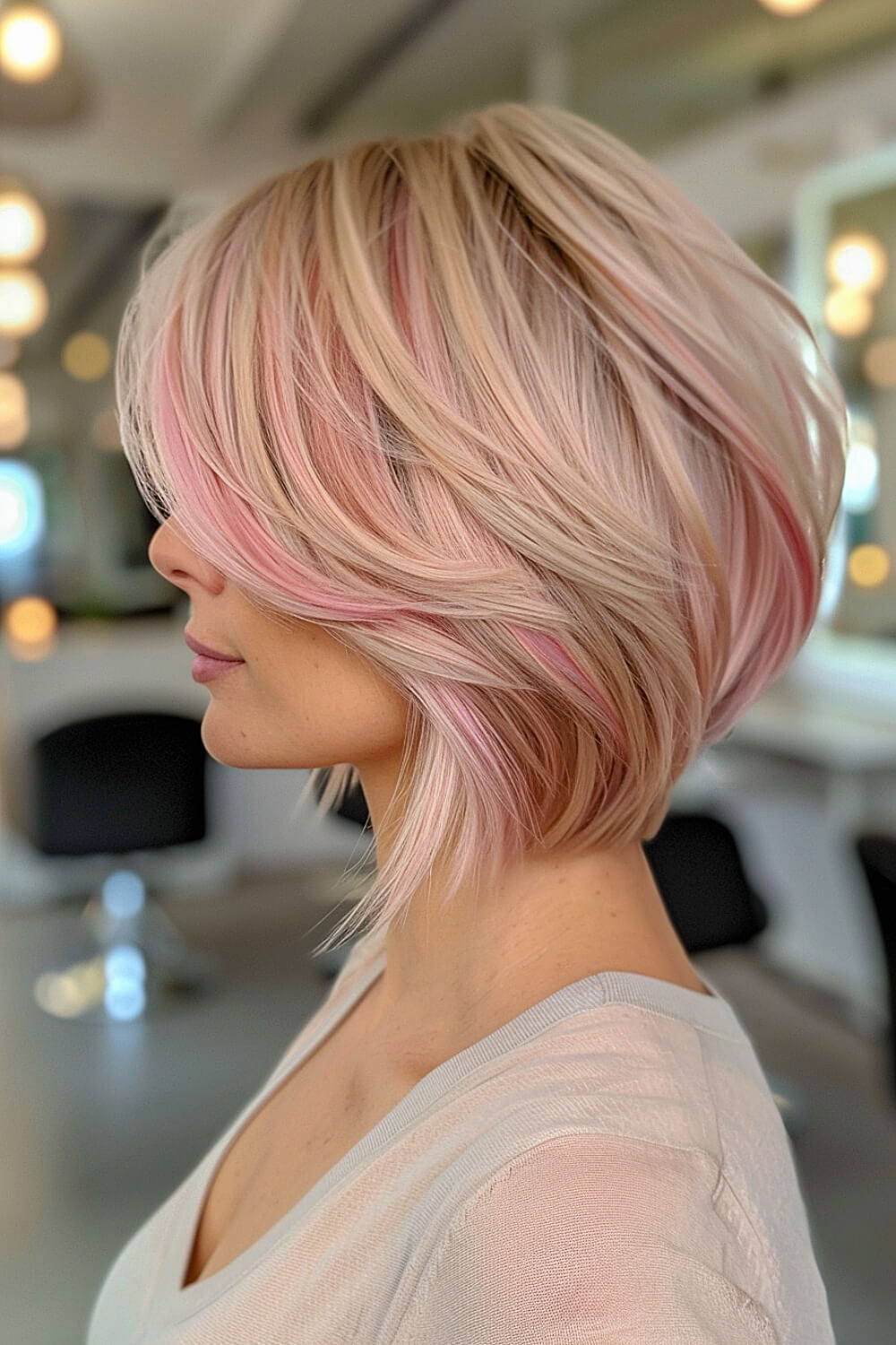 Short stacked blonde bob with pastel pink highlights