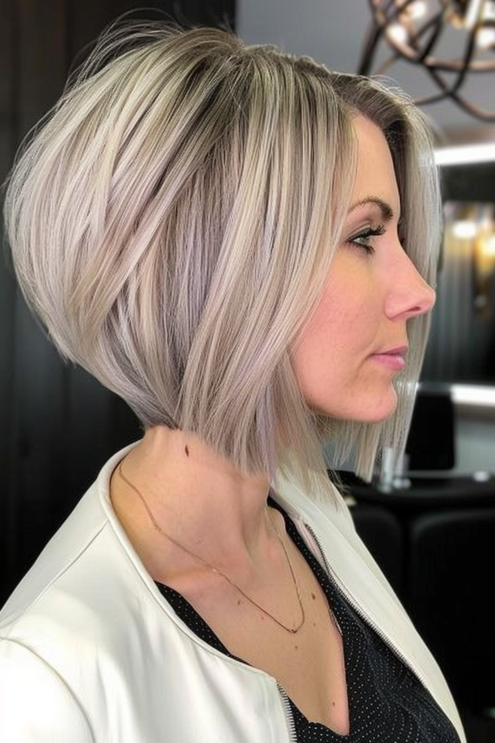 Short stacked bob with ash blonde balayage