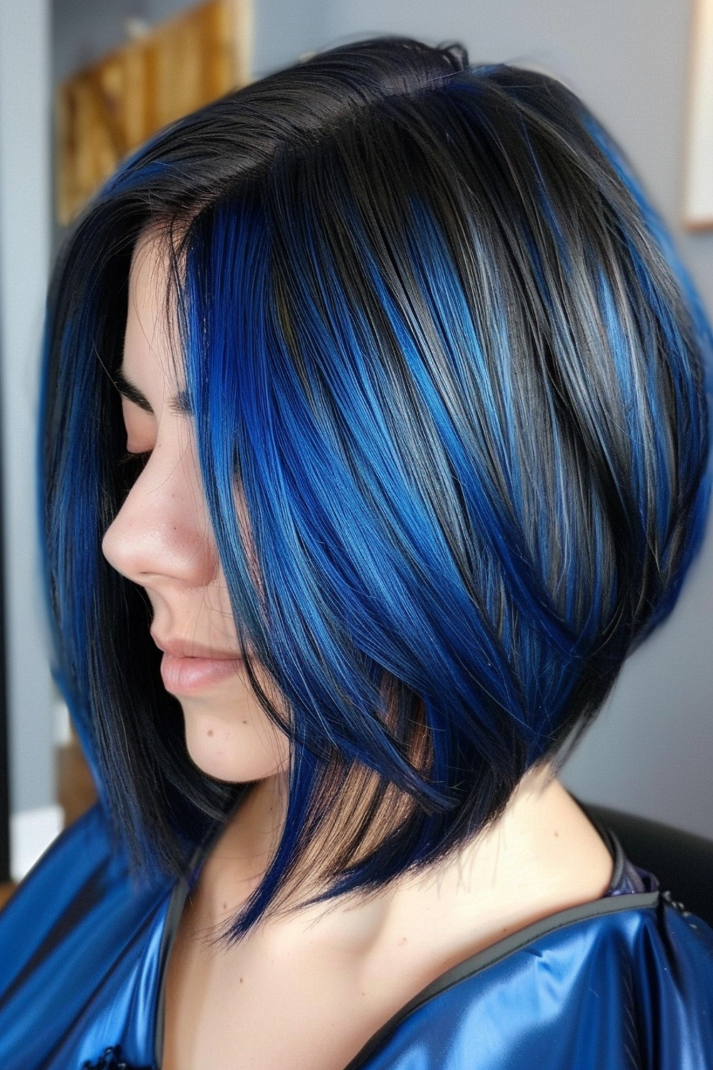 Short stacked bob with blue highlights