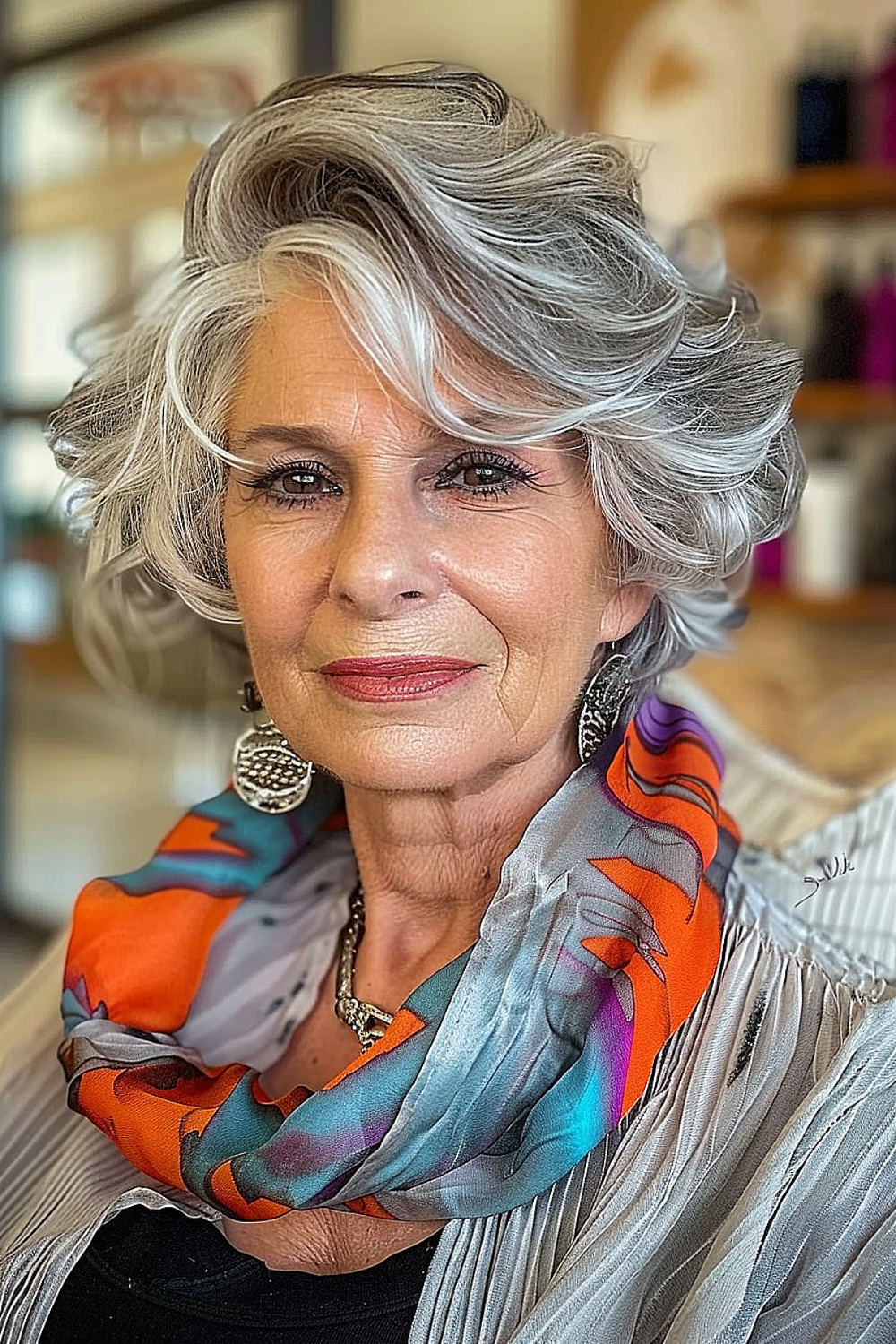 A woman with a short tousled hairstyle featuring playful highlights in silver and charcoal tones