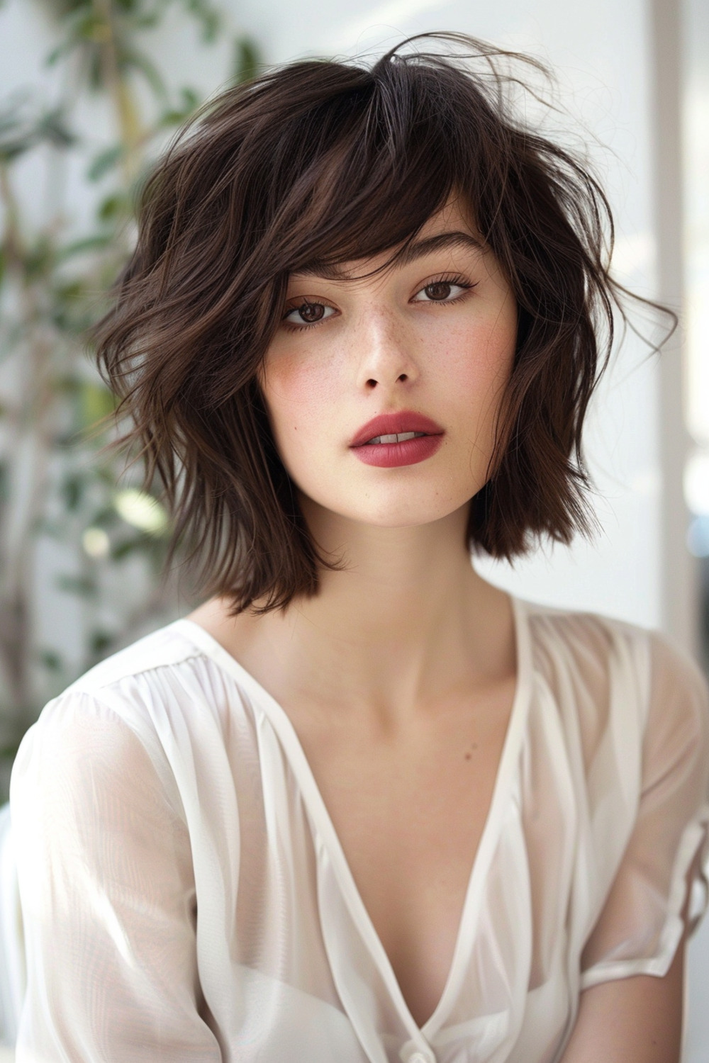 Short wolf cut with side-swept bangs