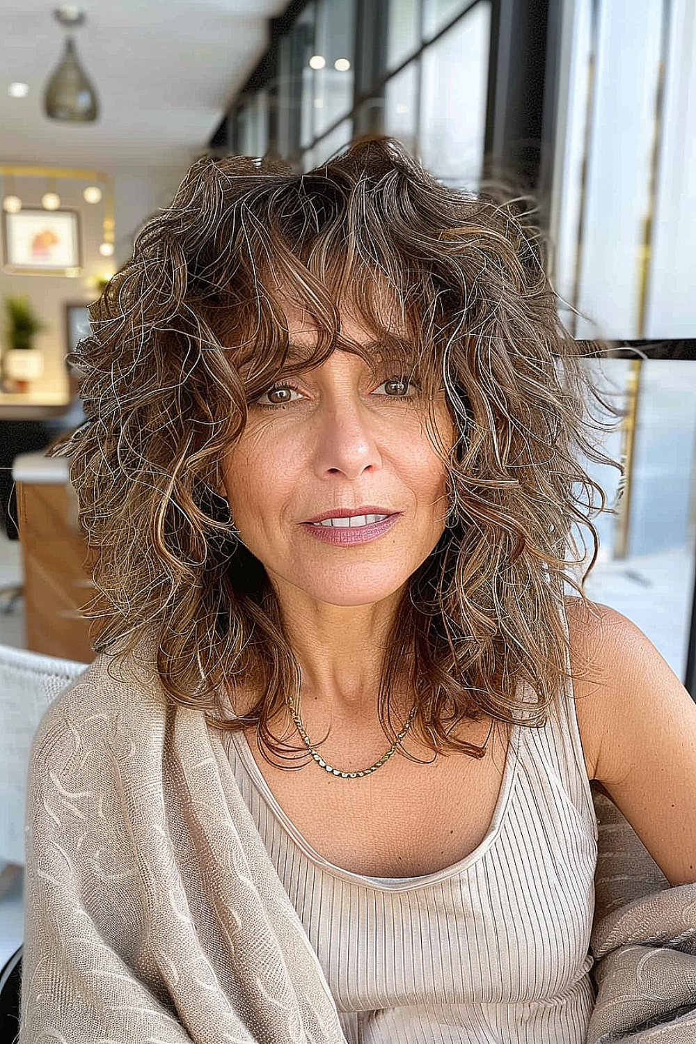 A woman with shoulder-length curly hair and soft bangs