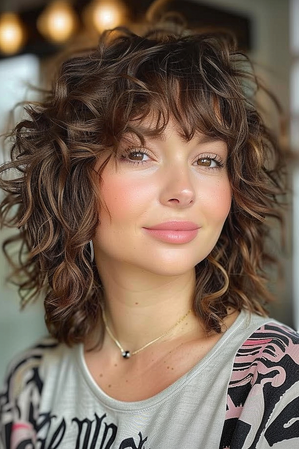 Shoulder-length curly cut with fringe for playfulness