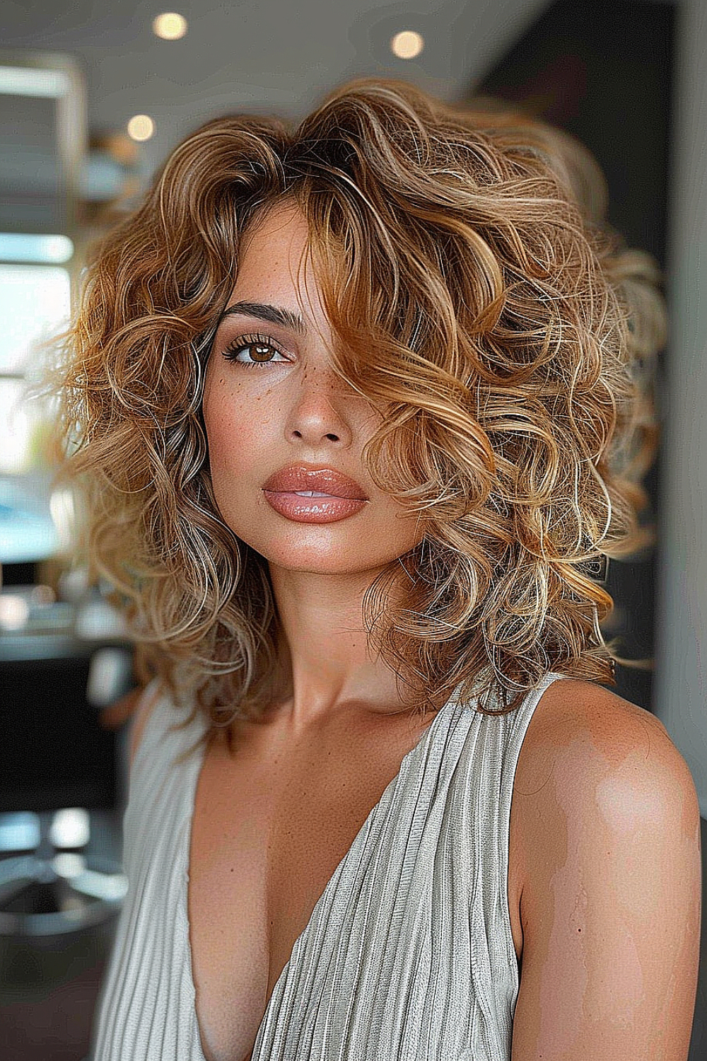 Shoulder-length curly cut with subtle highlights