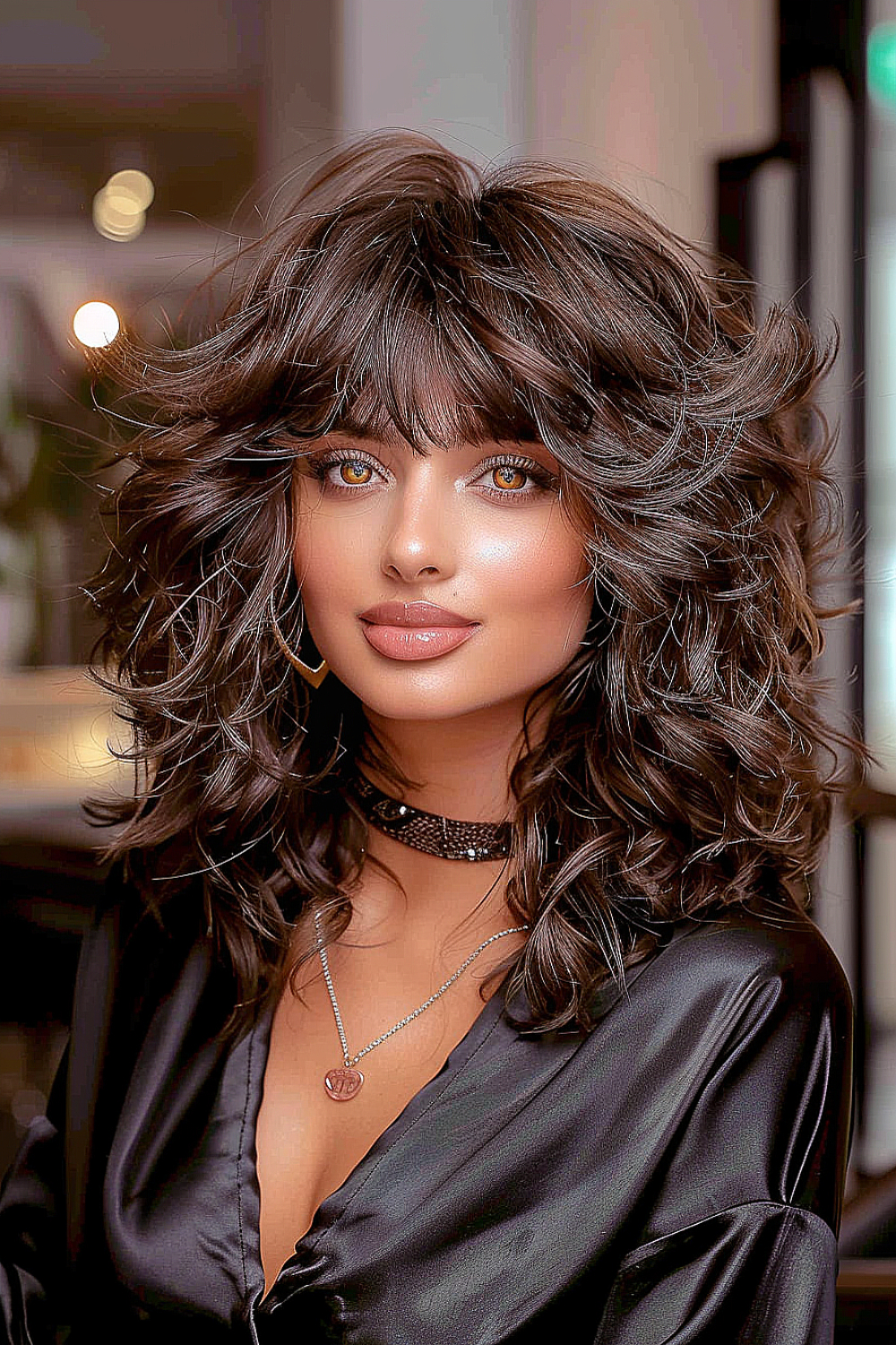 Woman with shoulder-length curly layers and feathered bangs