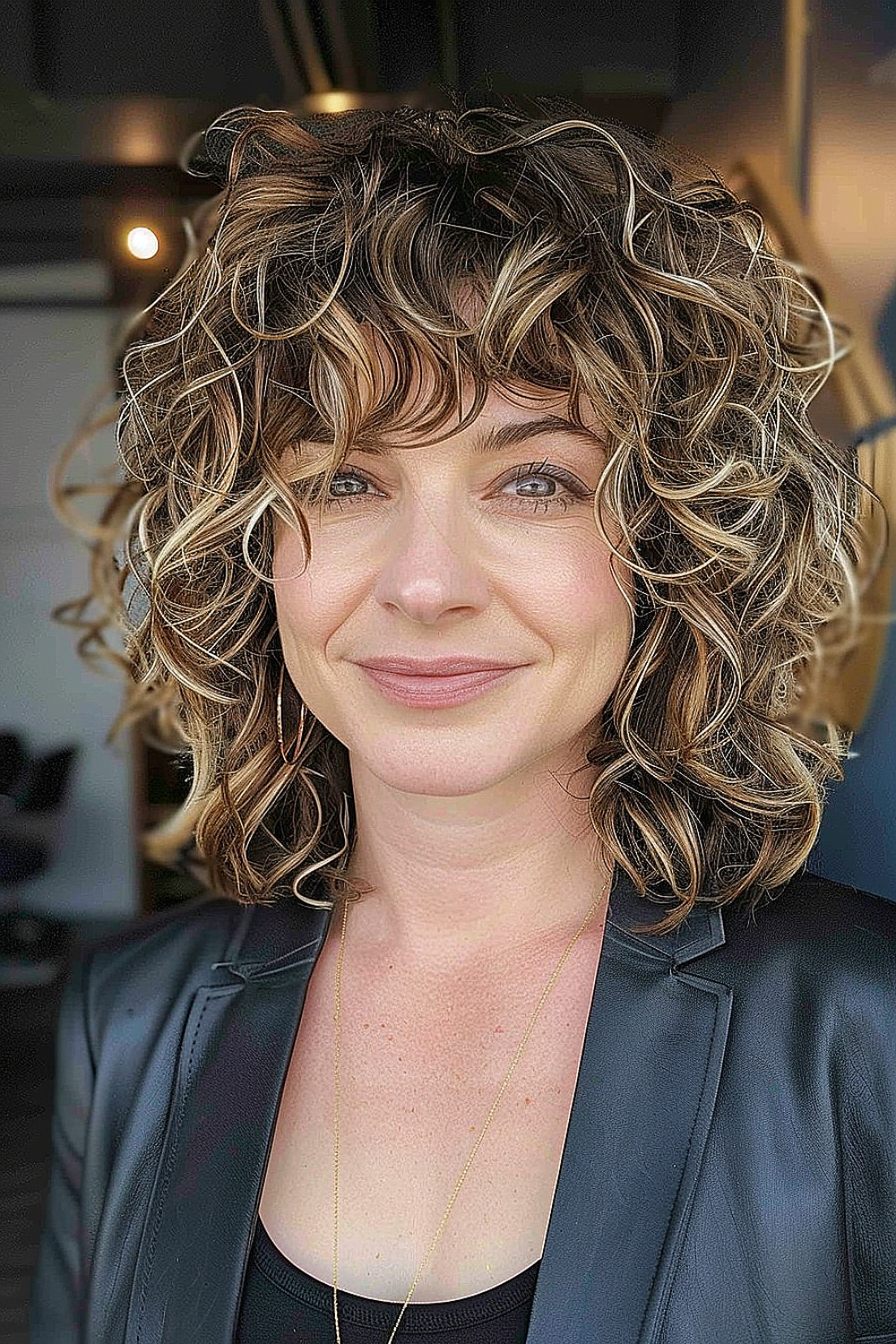 Shoulder-length curly shag haircut with curtain bangs