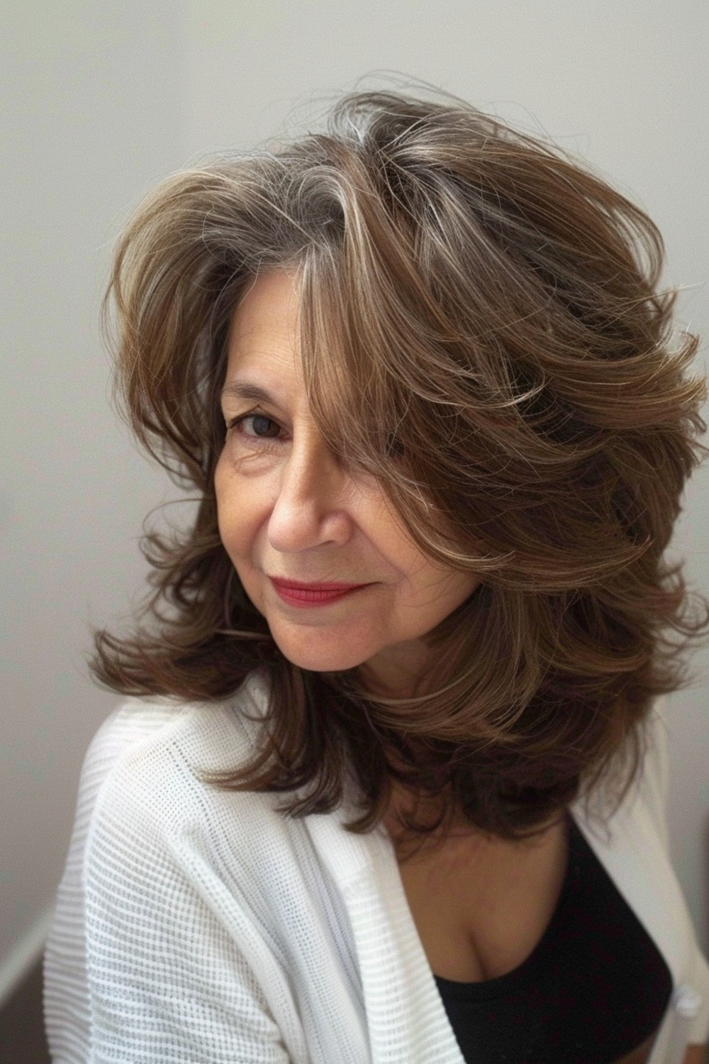 Shoulder-length cut with feathered layers for women over 60