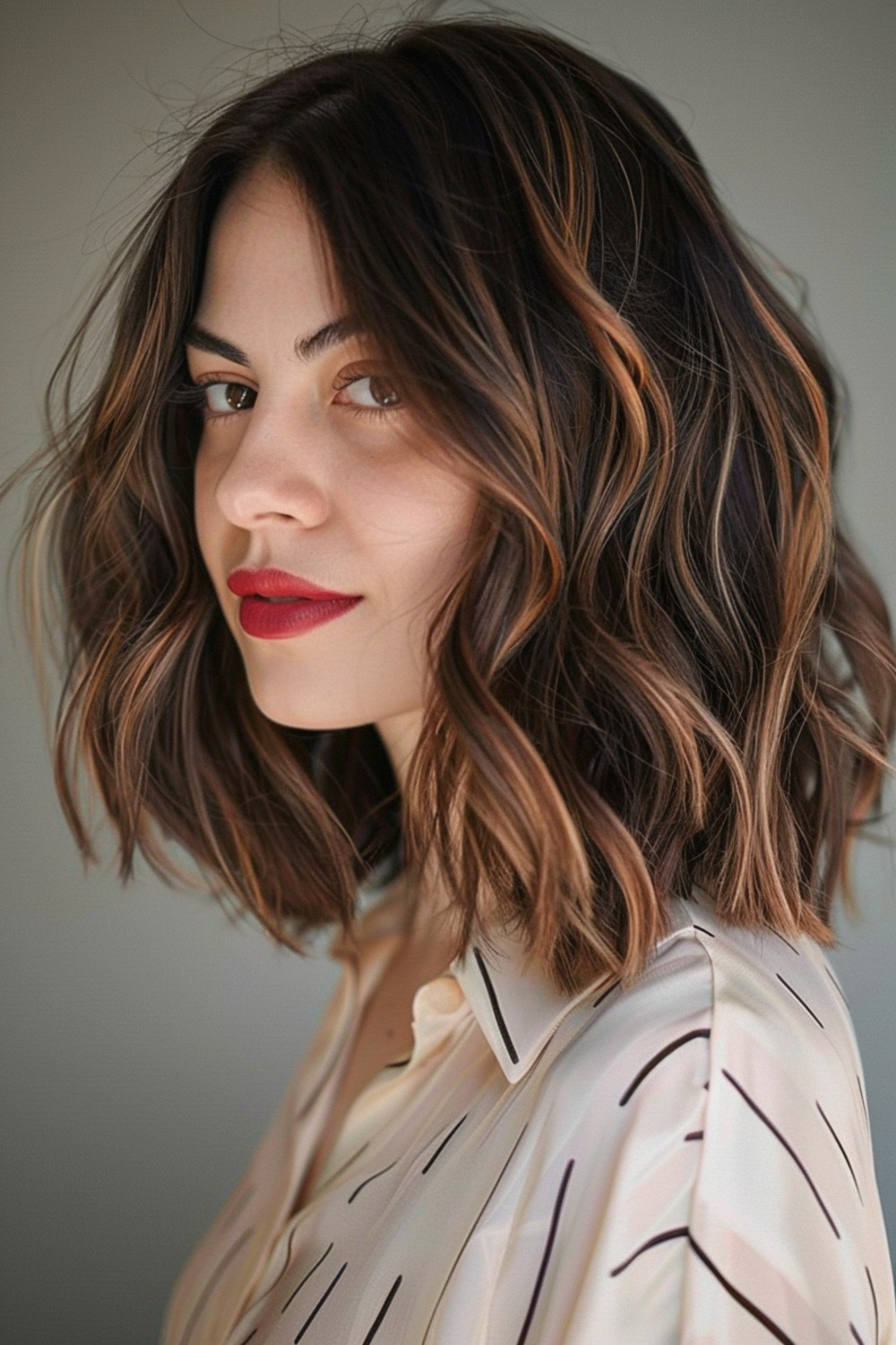 Shoulder-length hair with caramel highlights