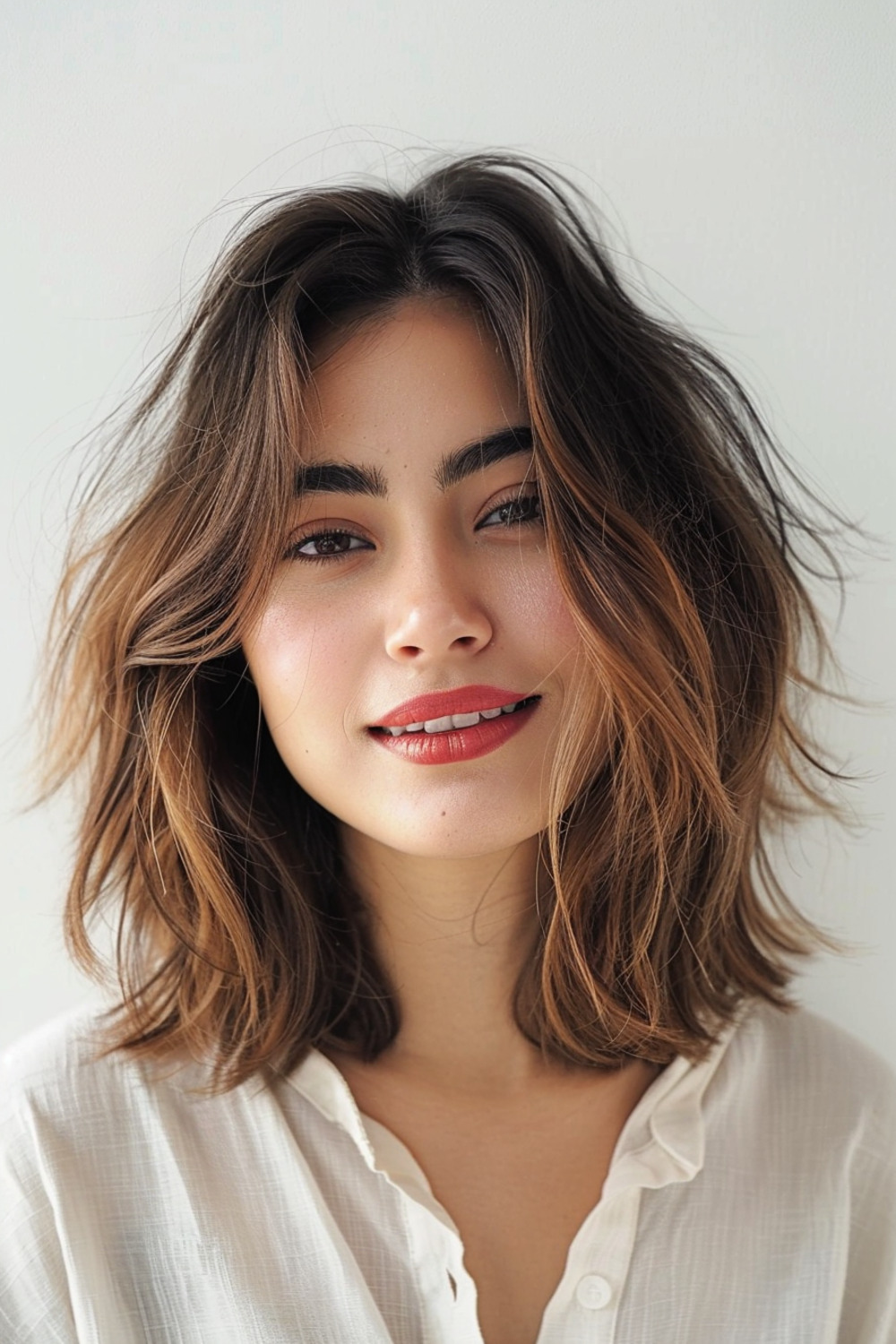 Shoulder-length hair with face-framing layers