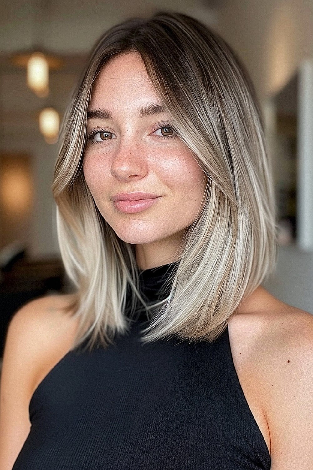 Woman with shoulder-length hair featuring face-framing layers