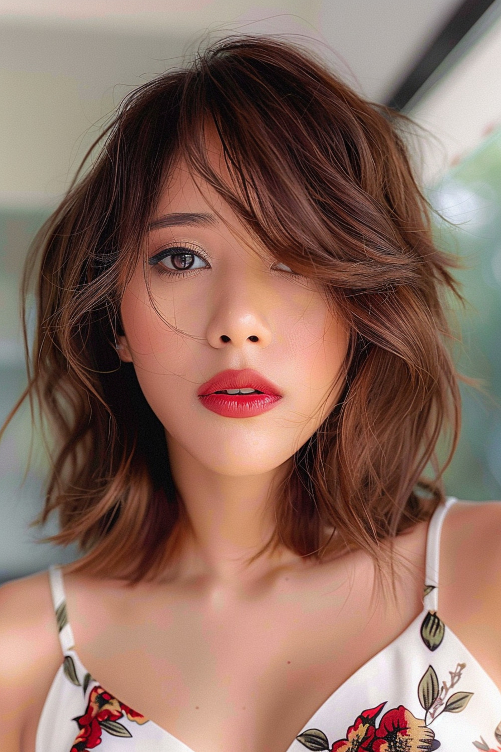 Shoulder-length hair with side-swept bangs