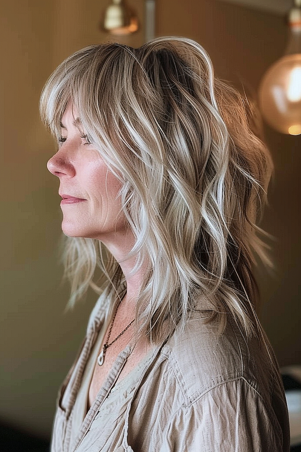 Shoulder-length layered cut with warm to cool blonde ombre tones and side-swept bangs for women over 50