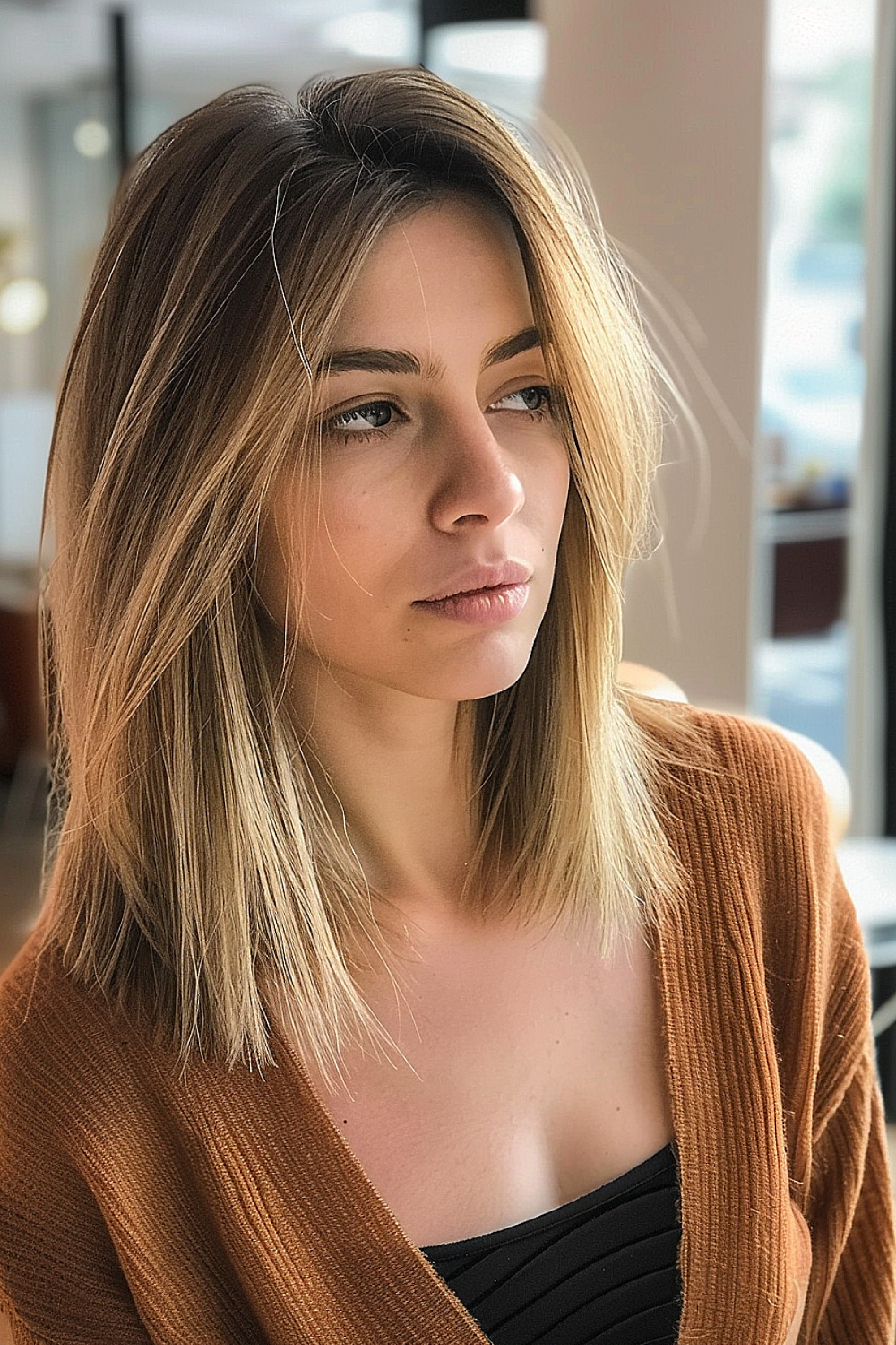 Woman with a shoulder-length layered cut