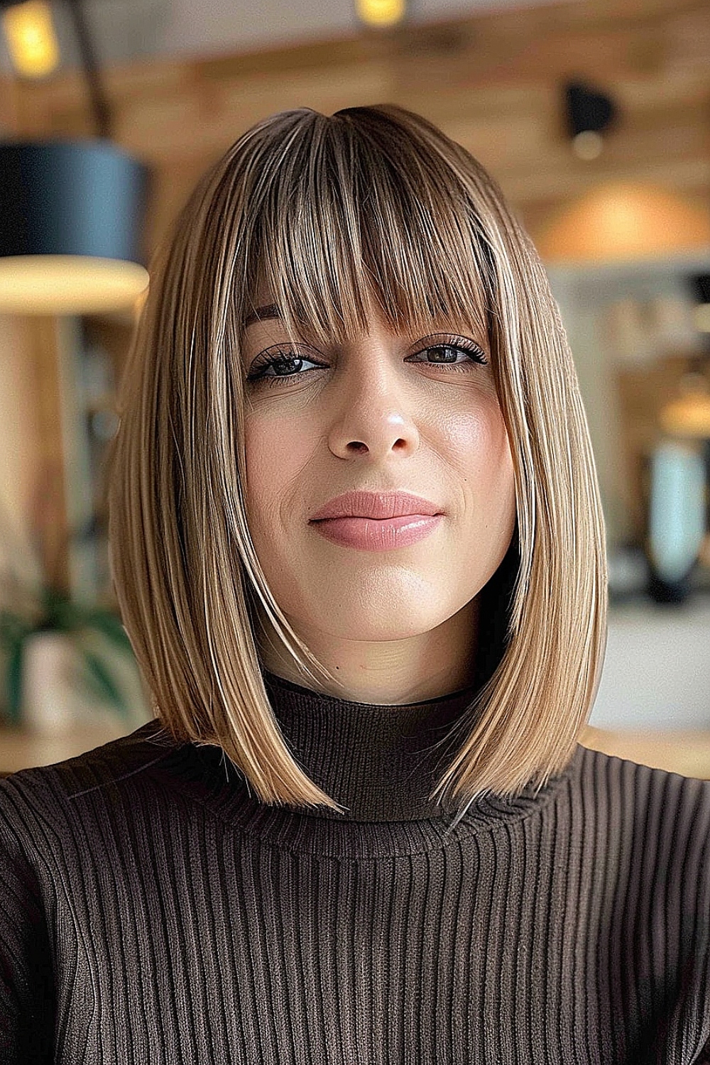 Shoulder-length blunt bob with thick, straight bangs