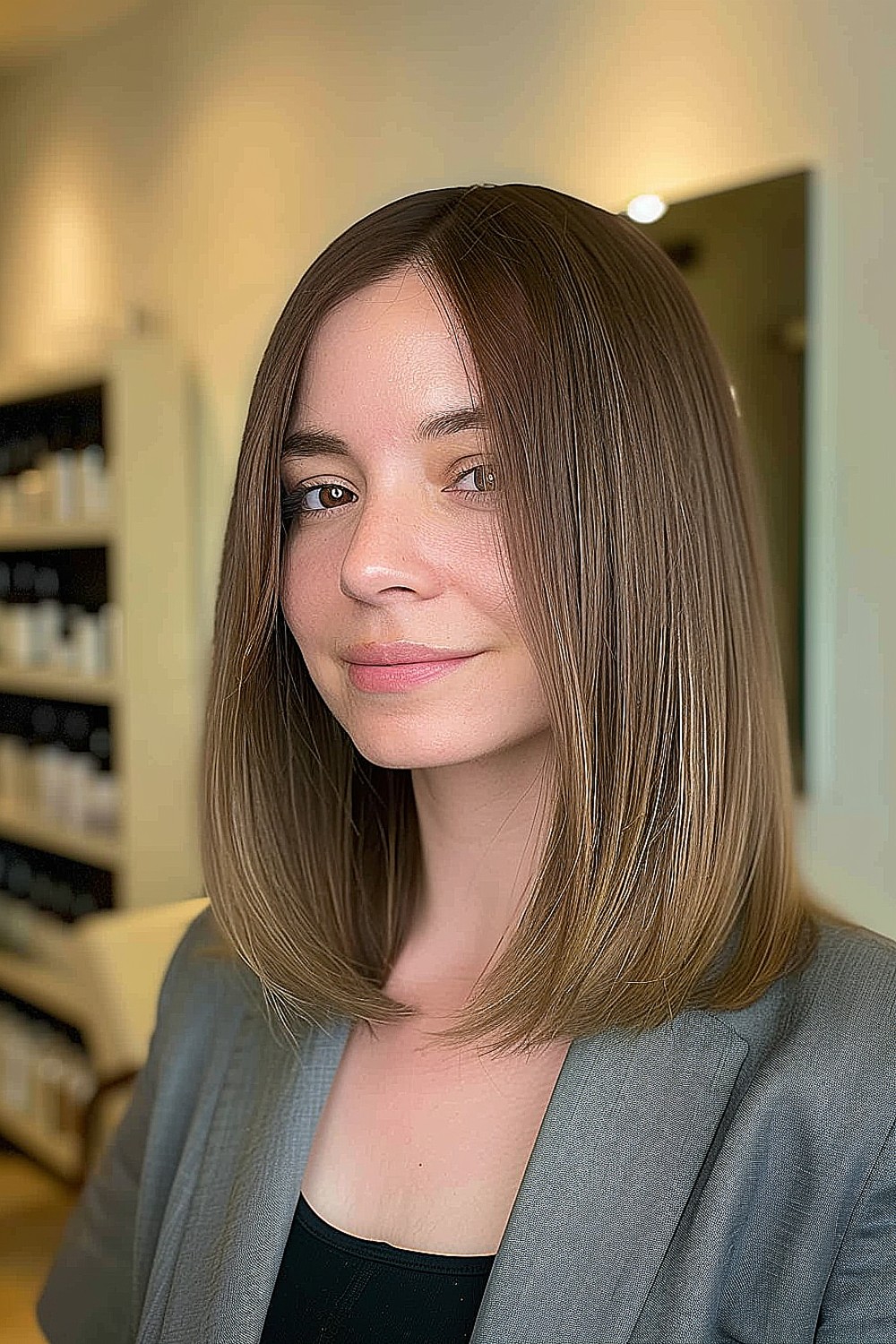 Woman with shoulder-length straight hair and a center part