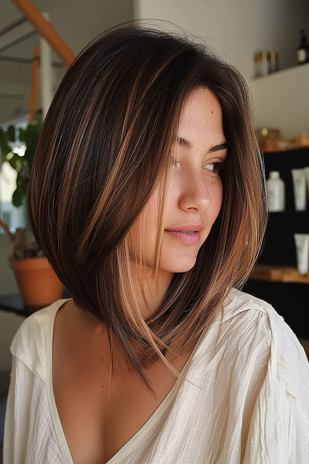 Shoulder skimming layers with natural highlights