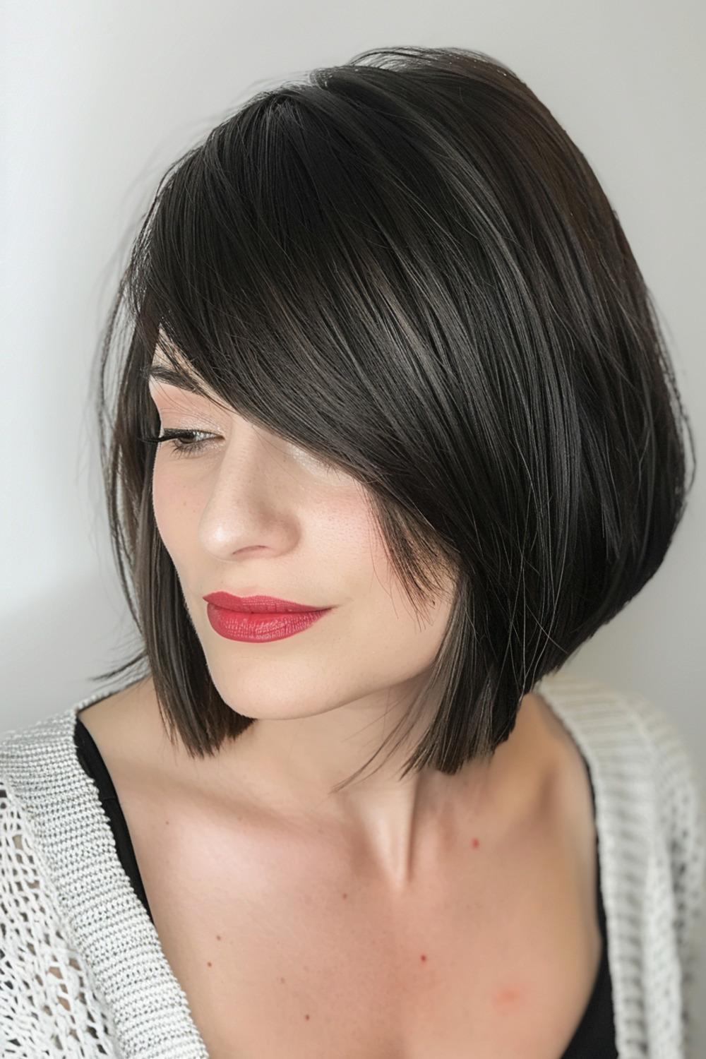 Side bangs with layered inverted bob for women over 40