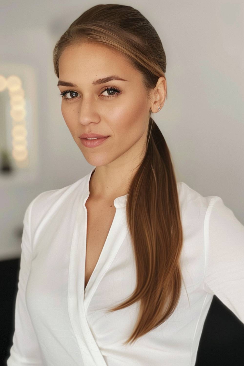 Side part with sleek ponytail for a polished look