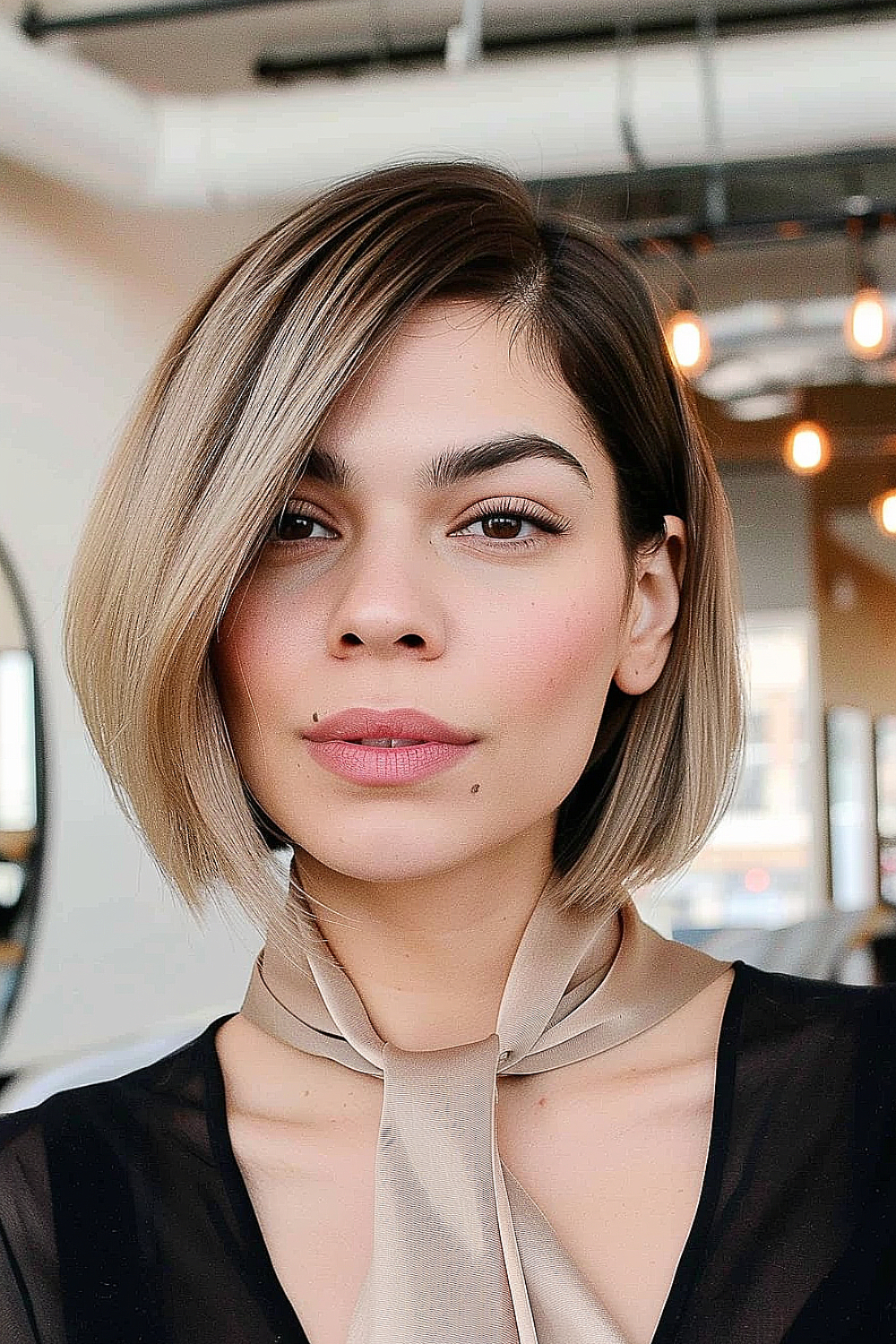 Side-parted sleek bob with smooth, straight hair