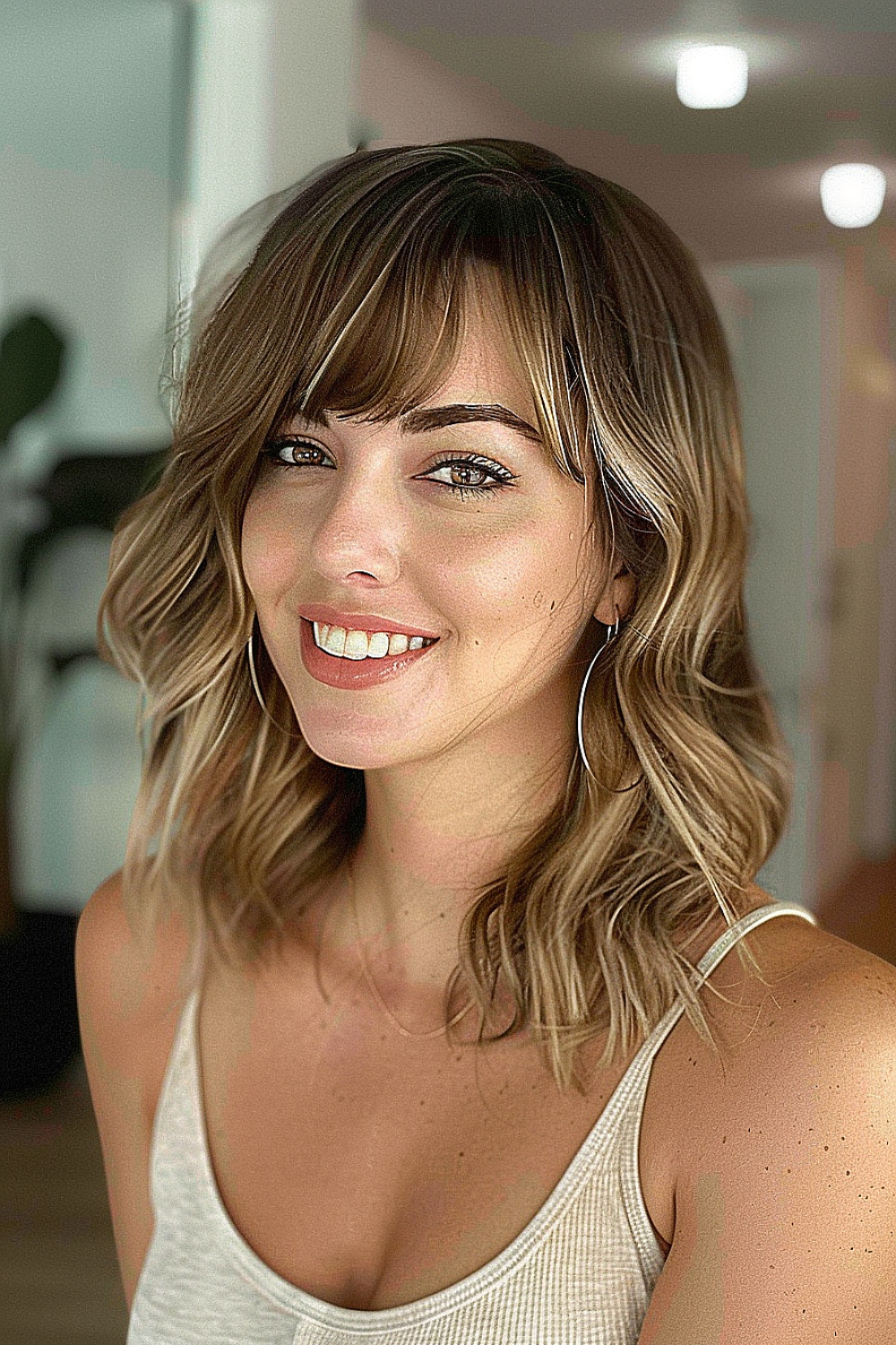 Woman with side-swept bangs and sandy highlights