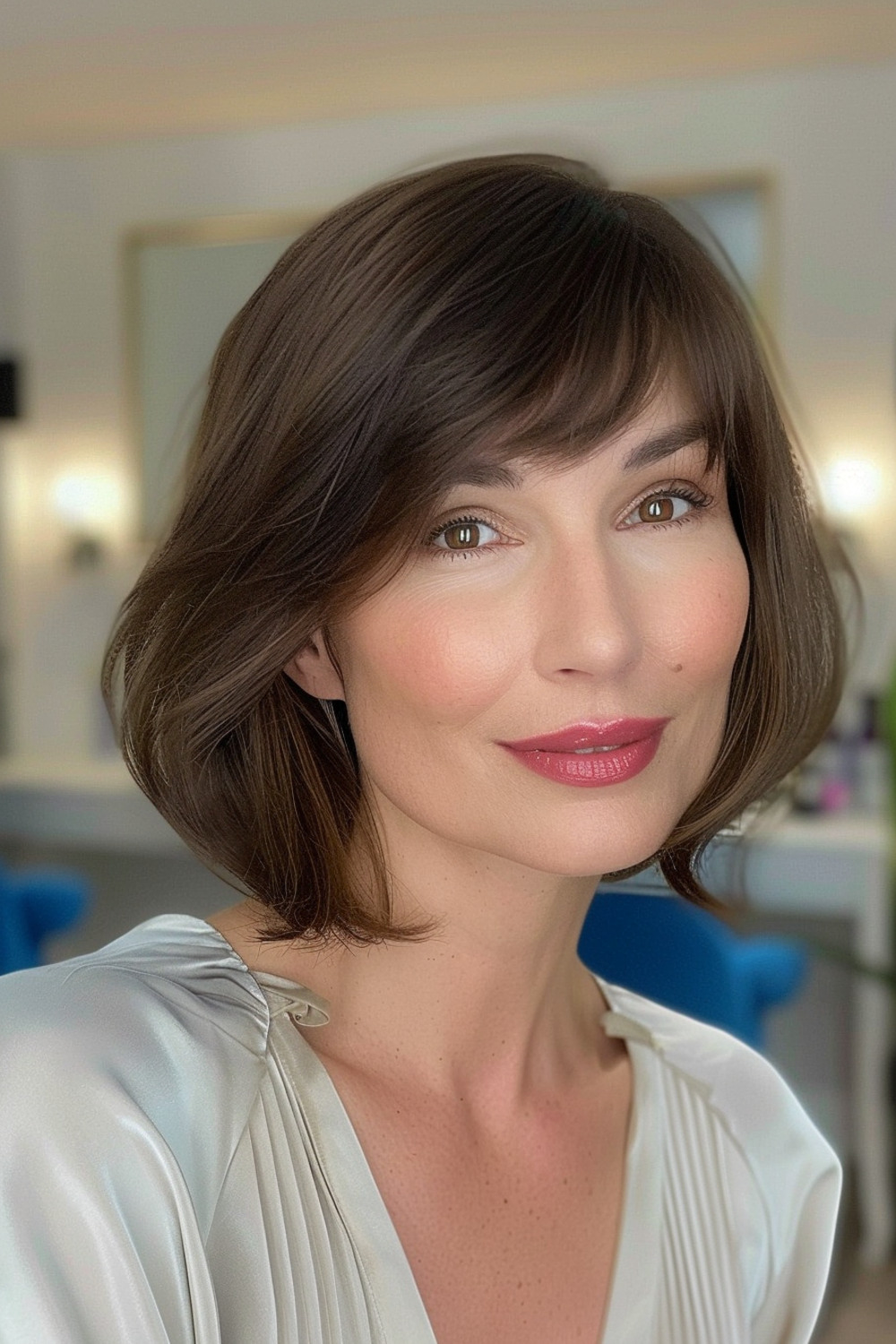 Side-swept bangs with soft layered bob for women over 40