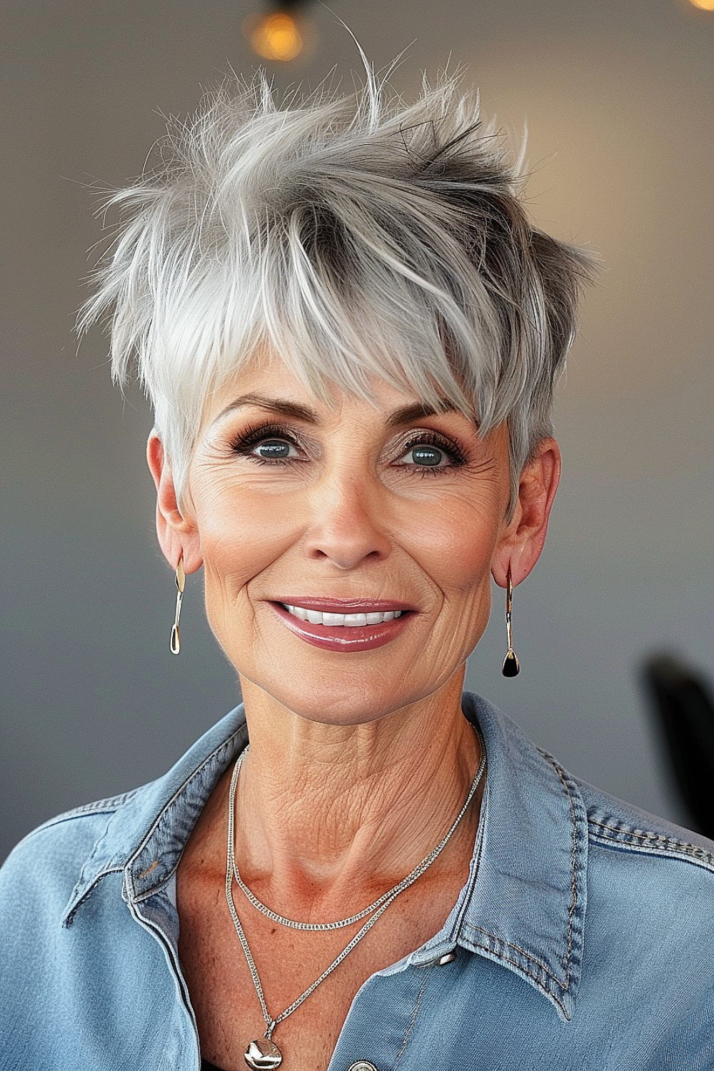 Elderly woman with a silver choppy pixie haircut, featuring dynamic texture and a lively, tousled style