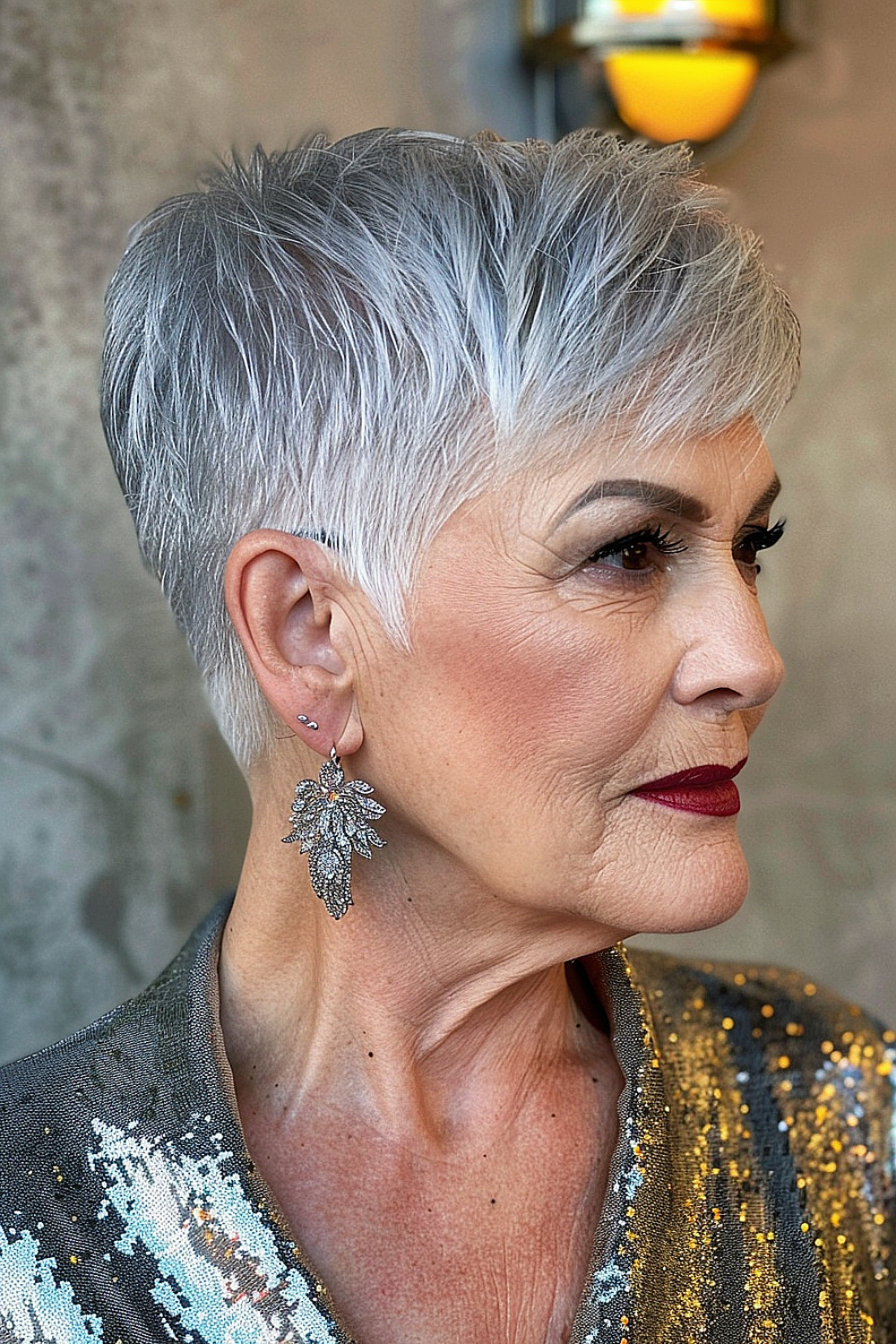 Silver fox pixie cut with tapered nape and textured layers